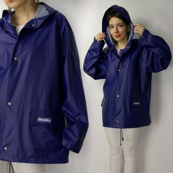 70s Finnish Rukka PVC rain jacket Vintage blue rain jacket Vinyl jacket with the hood made in Finland rain coat Waterproof jacket size M