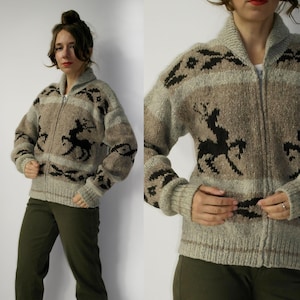 Cowichan Handmade Native Sweater Zip Cardigan Warm Vintage Canadian Tribe Traditional  Deer zip up sweater Hand knit