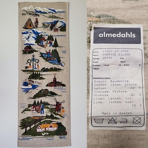 以下が含まれることがあります： スウェーデンの風景を描いた、カラフルなイラストデザインのベージュ色の壁掛け。山、スキーヤー、ボート、建物などが描かれています。「almedahls」と「SVERIGE BILDER」のタグ付き。サイズは30 x 90 cmです。