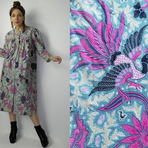 Vintage bird peacock dress / Handmade Floral button down dress / Bright color dress jacket