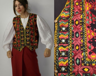 Kamizelka bawełniana w stylu vintage z lat 80., indyjsko-pakistańska, banjara, afgańska, folkowa, rockowa, boho, glamour, haftowana, z lustrzanym wzorem