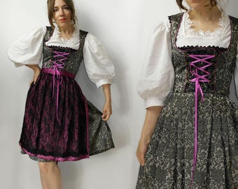 Trachten Dirndl Dress with Lace Print & Black Lace Apron | Bavarian Oktoberfest Dress | German Alpine Folk Costume | Elegant Vintage Dirndl