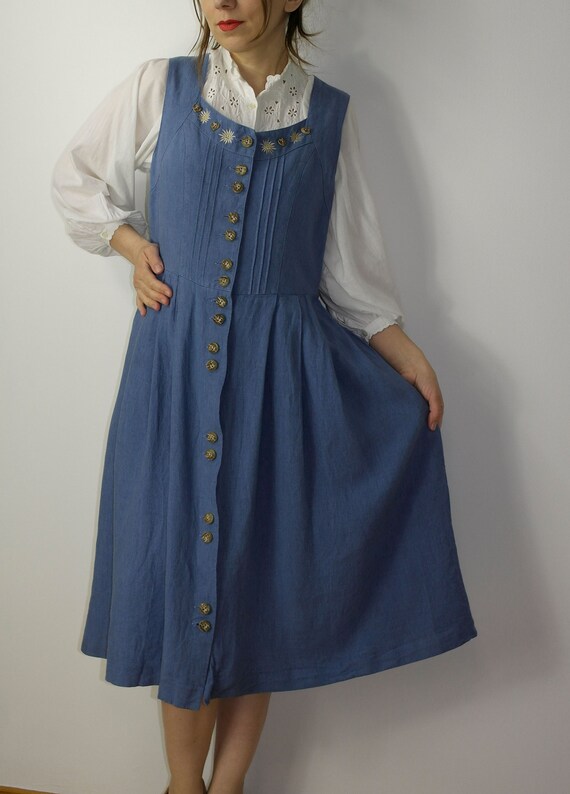 Vintage linen blend trachten dress Alphorn / Blue… - image 3