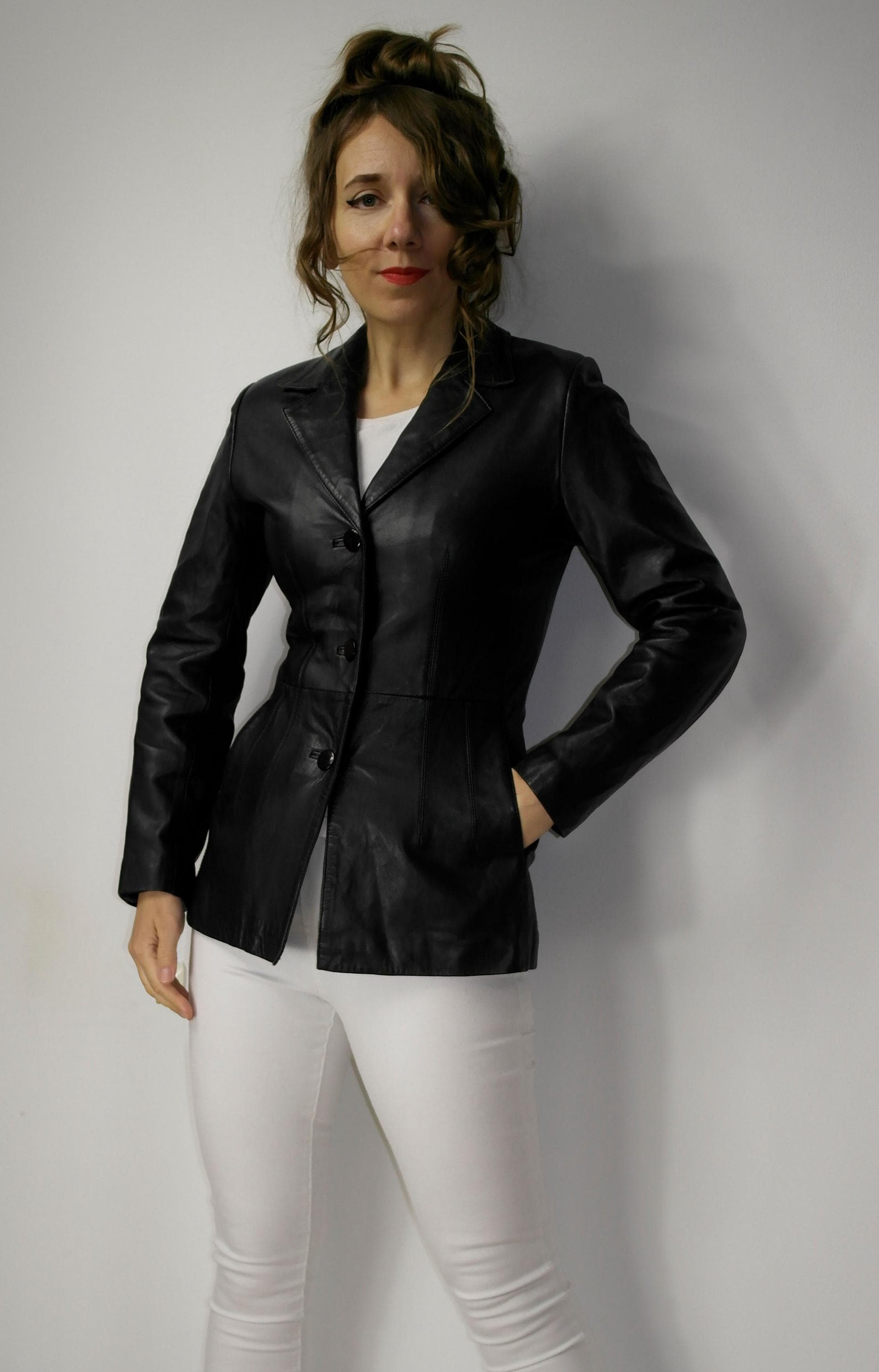【希少】Spanish vintage leather jacket Vintage Black Leather Jacket / Spanish Leather Slim Leather