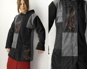 90s Hooded Patchwork Jacket Women / Fleece Lined Nepal Coat / Boho Embroidered Jacket /Vintage Festival Coat / Warm Hippie Jacket