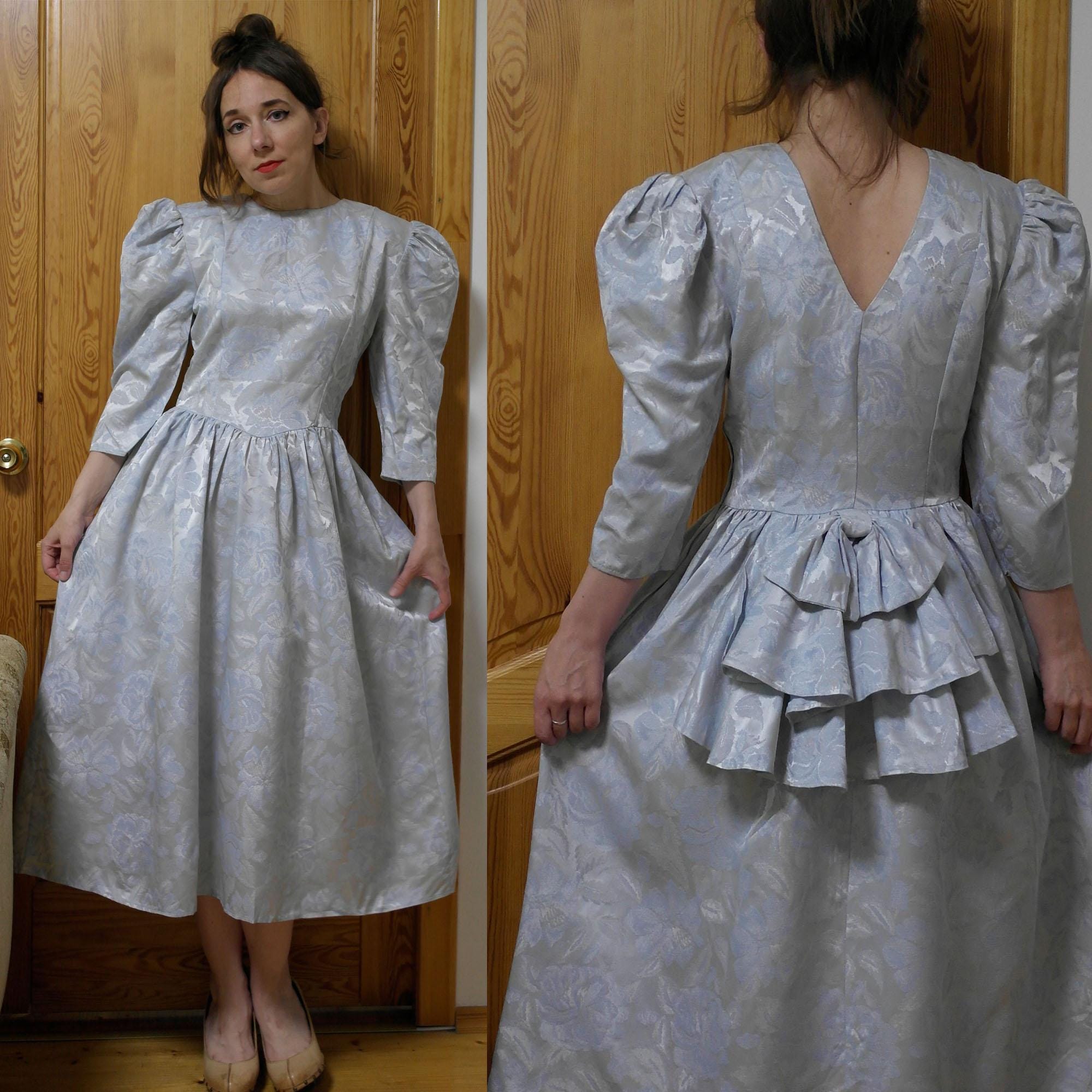 ariella take a bow formal dress Vintage by Aristos | 80s Puff Sleeve Jacquard Brocade Gown | Silver Blue Dress With Peplum Ruffle Back | Made in England Non graphic