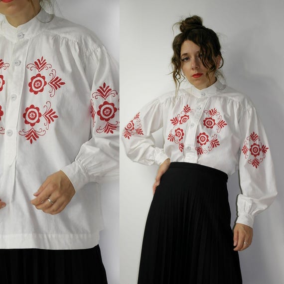 white peasant blouse with red embroidery