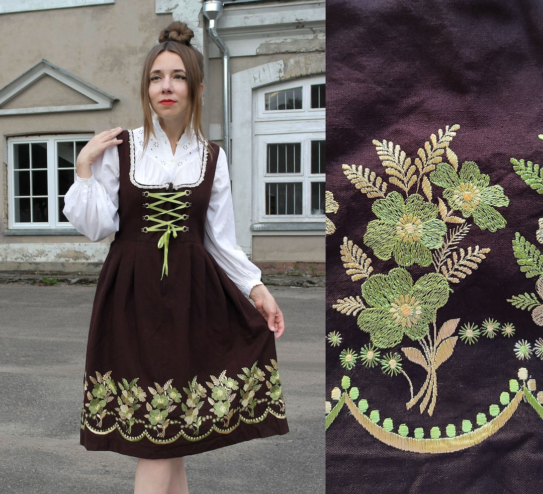 Trachten Dress / Embroidered Dirndl Dress / Rose Dirndl Trachten / Folk  Dress / Mid Length Austrian German Dress / Alpen Octoberfest Dress 