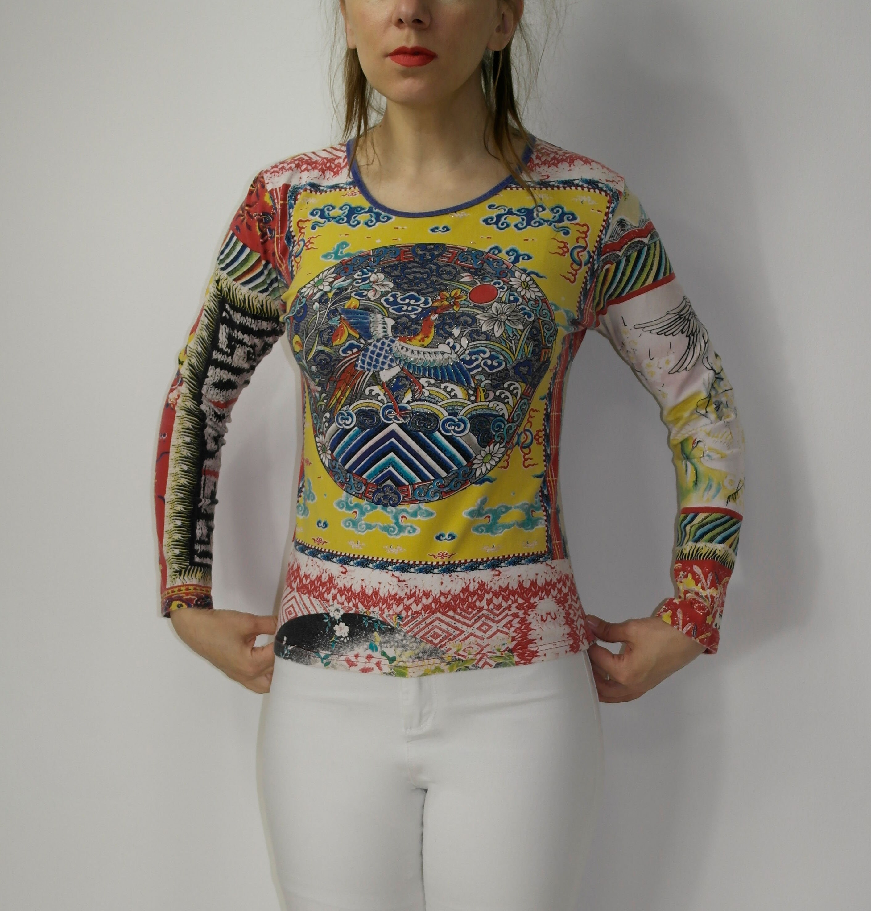 Vintage Vivienne Tam Asian Print Top Long Sleeve Patchwork