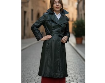 Gabardina de cuero vintage, gabardina larga y delgada / chaqueta de espía ajustada verde oscuro / gabardina con cinturón de los años 90 / abrigo con cinturón de fabricación coreana
