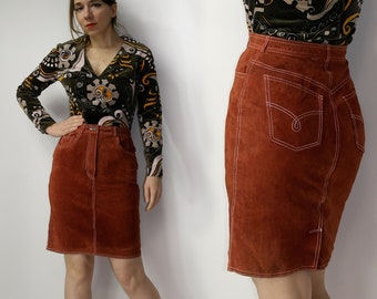 80s Real Leather Skirt / Burnt orange leather skirt / Suede pencil skirt / Made in Korea / small leather skirt