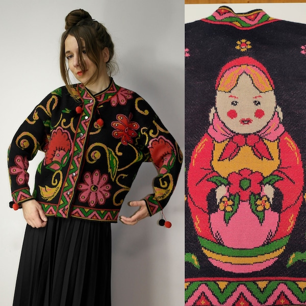 Vintage Storie di Maglieria sweater / Floral Matryoshka ornamental cardigan / Boho Romantic pom pom sweater