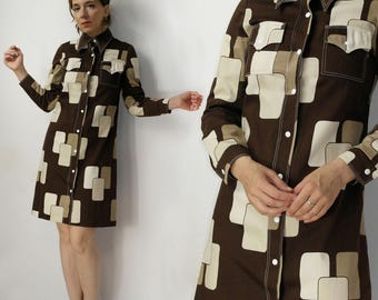 Vintage 70s Fenno Sport Shirt Dress – Finnish Geometric Mod Mini C38
