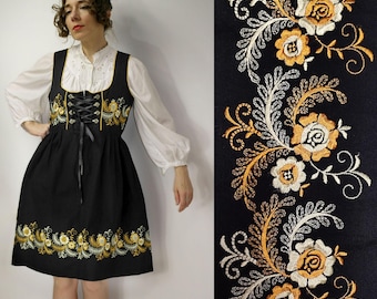 Trachten Dirndl Blumen Stickerei Kleid / schwarz besticktes Dirndl / mittellanges folkloristisches Kleid / Oktoberfest Kleid