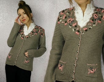 Vintage Österreichische Trachten-Strickjacke / Wollgemisch-Strickjacke / Folkloristischer Tiroler Pullover /