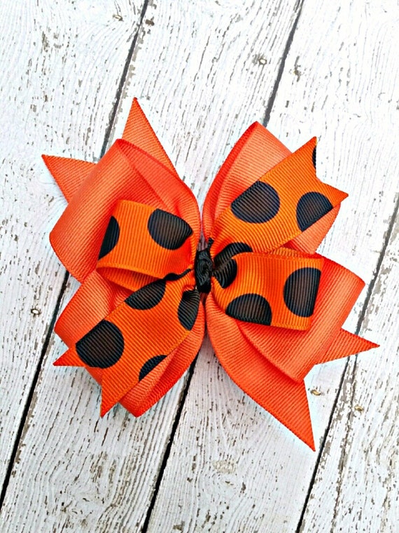 Handmade Orange And Black Jack O Lantern Halloween Stacked Boutique Hair Bow