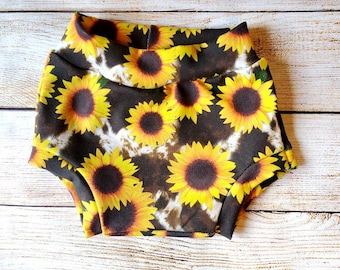 Cowhide sunflower bummies - cowgirl clothes - cowprint baby - sunflower baby clothes, coming home - babygirl clothes - bummies - summer baby