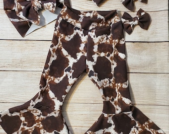 Cow print bell bottoms - cowgirl outfits - western baby clothes - country girl clothes - baby bell bottoms - cowgirl bells