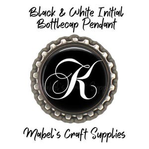 Flat Bottlecap Pendant with Initial Black, White White Design for DIY Crafts! Alphabet Charms