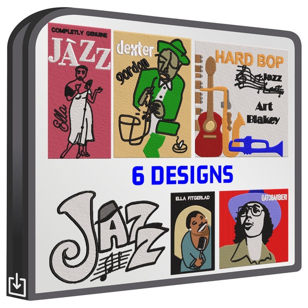 Jazz Music Vol.2 set of 6 embroidery designs sewing brother emb hus jef pes dst with resizer-converter software included