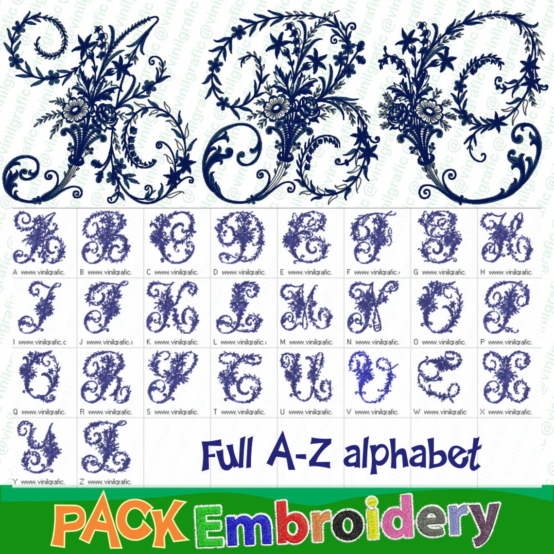 Full Alphabet Floral 30 Ornaments Fonts Garden Embroidery Designs