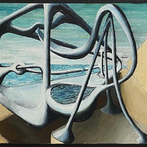 May include: An abstract painting featuring a light blue, curved, metal structure overlooking a body of water. The artwork has a surreal quality, with the metal forms appearing to float above the sea. The color palette includes shades of blue, gray, and beige.