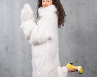 Hand Knitted Mohair Sweater Dress, Turtleneck sweater, Ribbed Pullover Fluffy Mittens, Fetish sweater, blanket dress, custom order sweater