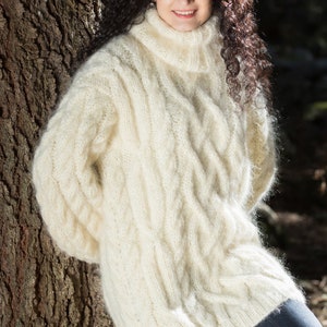 Thick Mohair Sweater, Aran Sweater, Chunky Mohair jumper, Cable Knit Turtleneck sweater, Unisex sweater men sweater, gifts for him hand knit