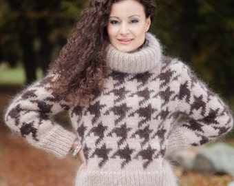 Hand Knit chunky Sweater, Fair isle sweater, Mohair Turtleneck, Hounds tooth Sweater, Bulky sweater, thick turtleneck
