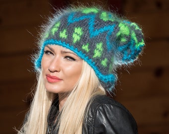 Mohair hoed, vlieger hoed, Mohair Trapper hoed, IJslands hoed, Fuzzy hoed, dikke hoed, Fair Isle, Pompom hoed, Nordic hoed, oor klep hoed,