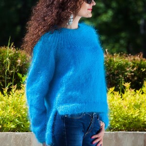 CROP knit top, Mohair Sweater, Lightweight Sweater, round neck sweater, Asymmetrical Top, personalized jumper, winter fashion, neon blue
