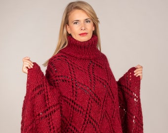 READY TO WEAR Knit Poncho, Mohair Wrap, Mohair Sweater, Cable Knit Wool Poncho, Open knit Turtleneck Poncho, Mohair Cape, Knit Kimono