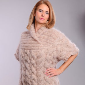 Collared Mohair Sweater, Short sleeves Sweater, Shawl Collar Vest, Cable knit Vest, Hand knit mohair jumper, Knit Vest, Oversize sweater