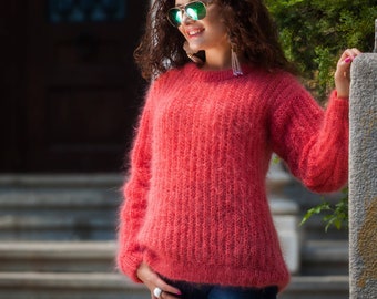 Mohair Pullover, Lockerer Ripppullover, Rundhalspullover, Handgestrickt Weihnachtspullover, Leichter Pullover, Geschenke für Sie, Custom Order Pullover