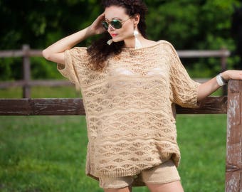 Loose Knit Summer top, Short Sleeves Sweater, Beach top, Knit Cotton Top, Oversized top, Boho Sweater, Hand knit see-through blouse tank top