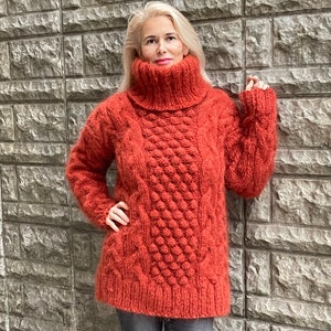 Turtleneck Sweater, Relaxed hand knit Mohair sweater, turtleneck pullover, Cable Knit sweater, bobbles sweater, men chunky knit turtleneck