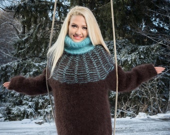 Made to Order Brown Teal hand knitted cozy sweater turtleneck mohair pullover M/L/XL by TanglesCreations