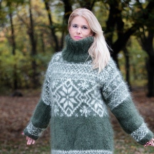 Olive Green Mohair Sweater Fuzzy Turtleneck Nordic Sweater - Etsy