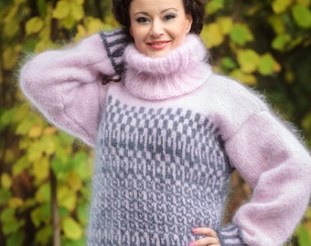 Hand Knit Mohair Sweater Cozy Turtleneck Chunky Knit Fuzzy - Etsy
