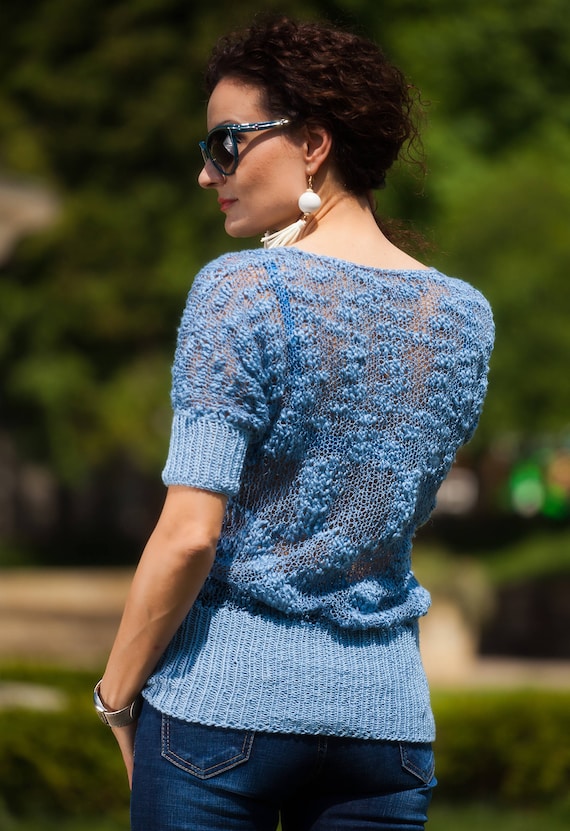 Knit Summer Shirt, Knit Blouse, Short Sleeves Sweater, V Neck Top