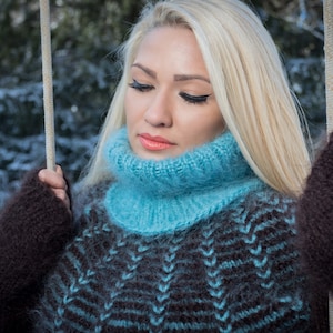 Made to Order Brown Teal Hand Knitted Cozy Sweater Turtleneck Mohair ...