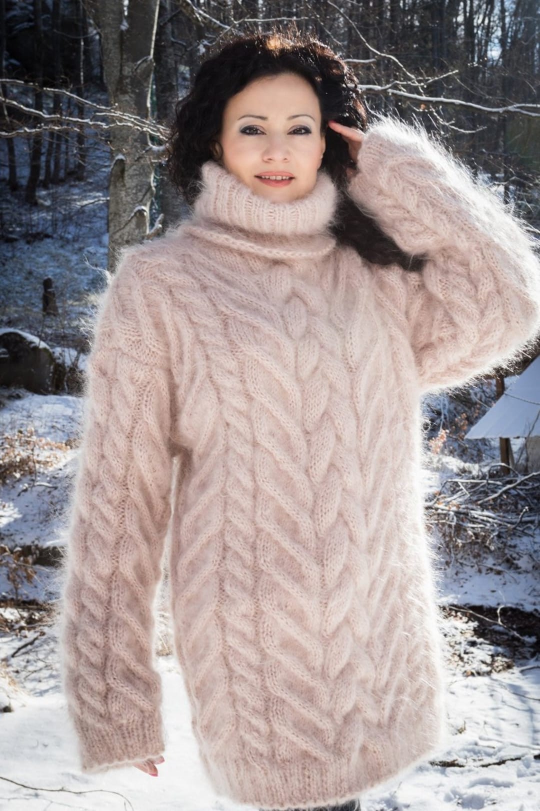 Hand Knit Mohair Sweater, Cozy Turtleneck, Chunky Knit, Fuzzy Sweater ...