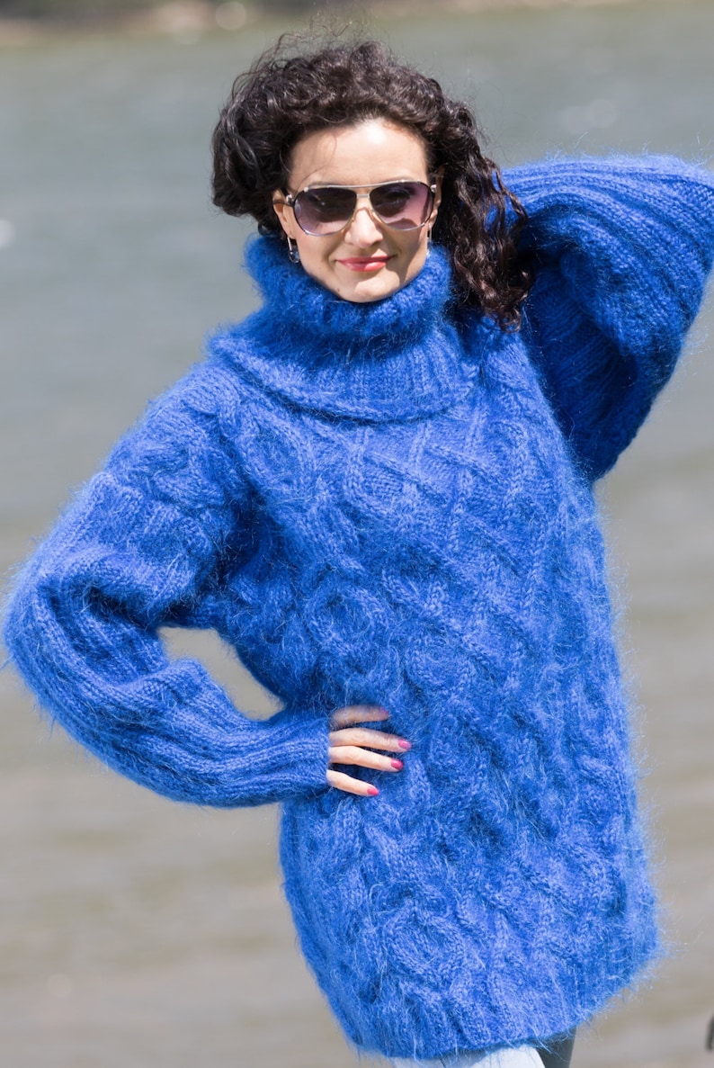 Royal Blue Mohair Sweater turtleneck Sweater Thick Cable | Etsy