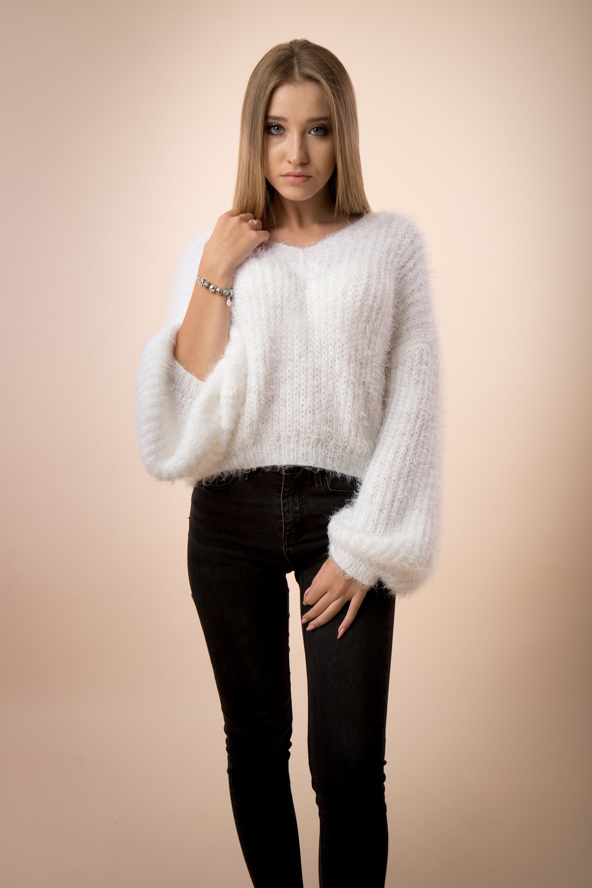 Maglione a maniche a sbuffo a maglia a mano maglione a costola a palloncino maglione Boho maglione con maniche a campana maglione a maglia a costole maglione Cold Shoulder Etsy Italia