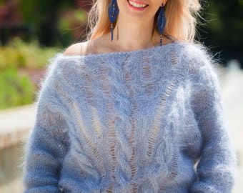 Off shoulder sweater, Grey Mohair Sweater, Loose Sweater, Summer sweater, boat neck top, Crop sweater, Bat sleeves sweater, See through top