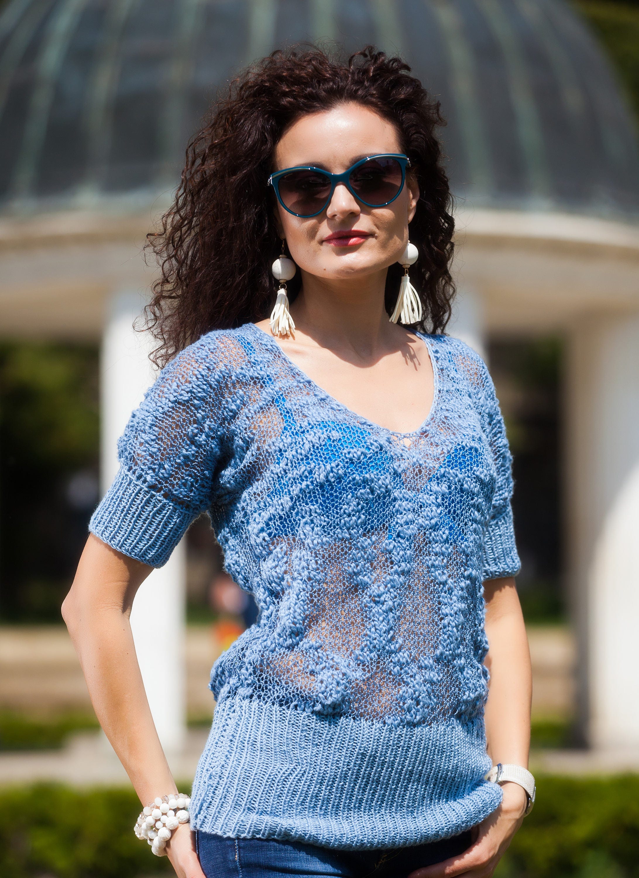 トップス TWILL FLAP SUMMER KNIT TOPS Knit Summer Shirt, Knit Blouse, Short Sleeves Sweater, V Neck Top