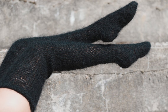 Black Fuzzy Mohair Tights, Fuzzy Socks, Mohair Leg Warmers, Fetish Socks,  Wool Socks, Hand Knit Tights 