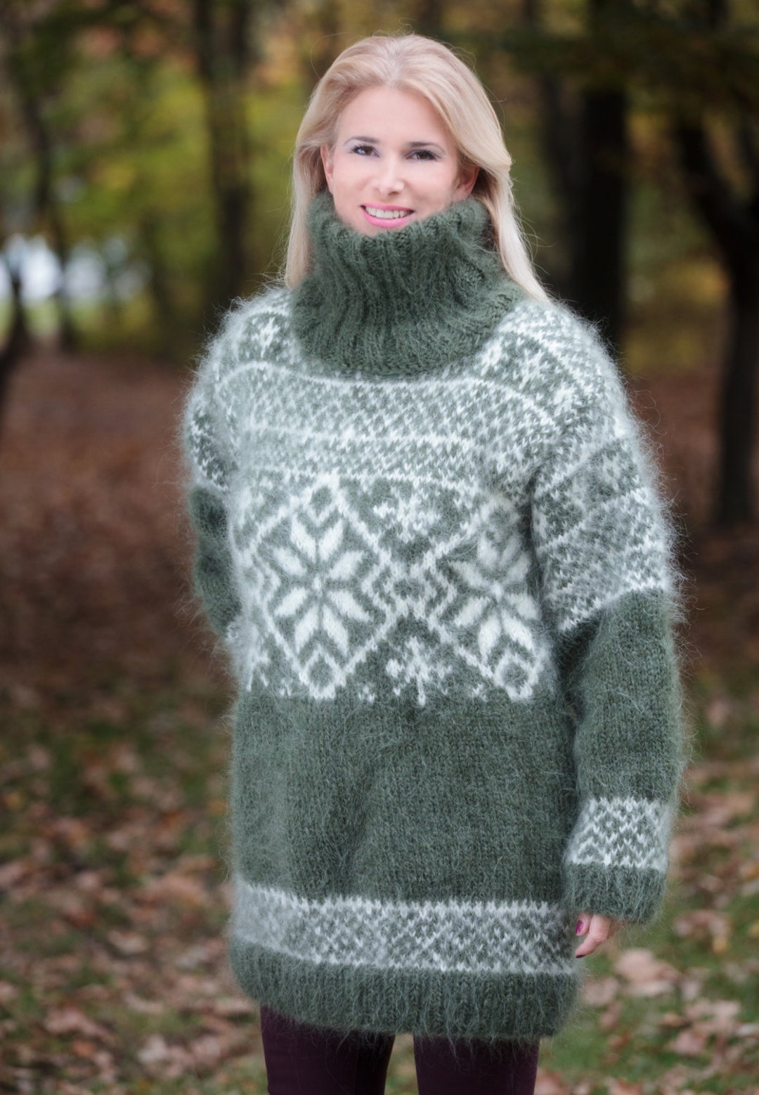 Olive Green Mohair Sweater, Fuzzy Turtleneck, Nordic Sweater, Chunky ...