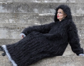 Black Handmade Mohair Dress, Fuzzy dress, Long Ribbed dress, Fetish dress, hooded dress, chunky robe, knit long sweater, custom dress