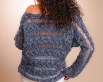 Off shoulder sweater, See trough Sweater, Mohair Sweater, Loose Sweater, Open gauge knit, boho sweater, Bat sleeves sweater, Open knit top